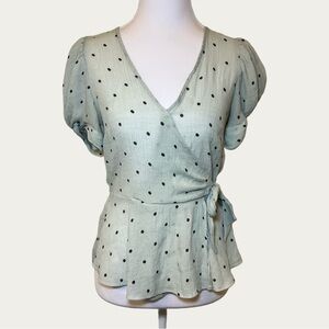 E & M‎ Women’s Chic Mint And Black Polka Dot Wrap Blouse Bow Detail Size Small